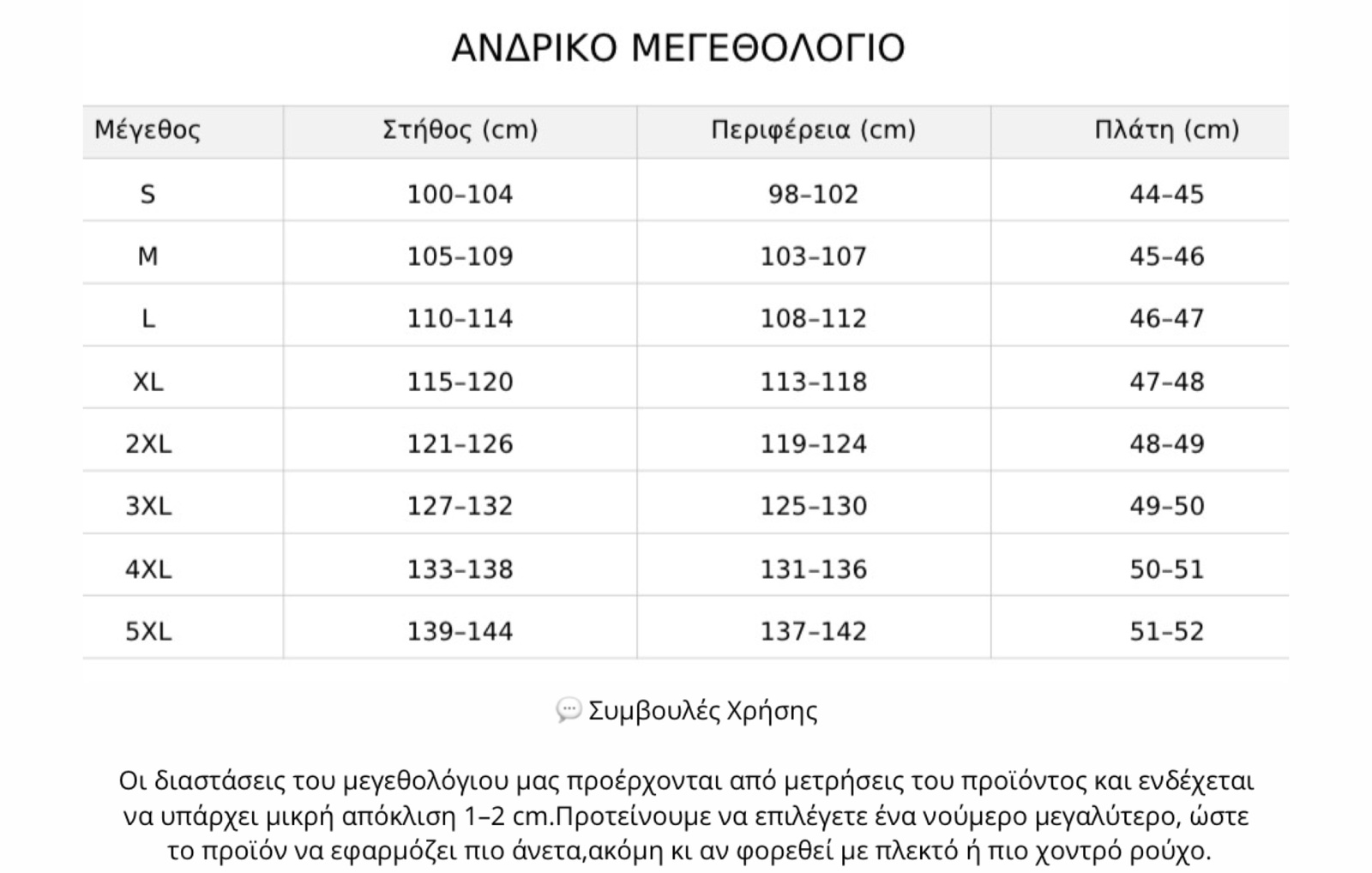 Μεγεθολόγιο Ανδρικά